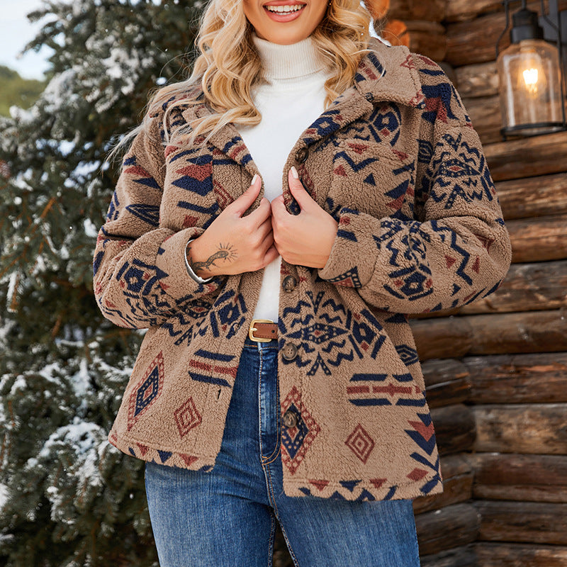 Isolde-Marie | Damen Teddyjacke Oversized mit Reverskragen & geometrischem Muster