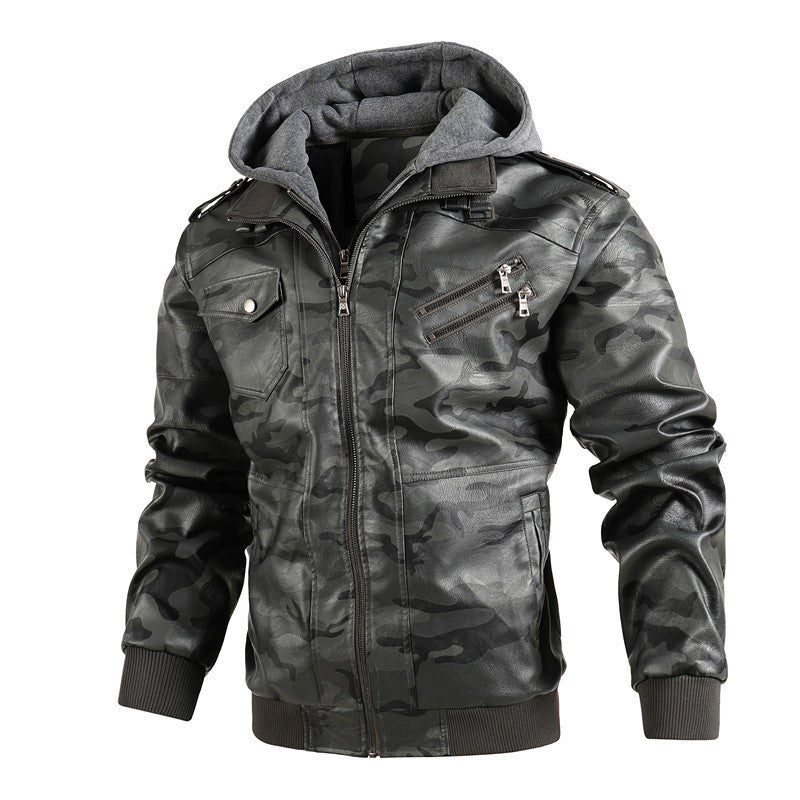 Camouflage Jacke Herren | Stylische Jacke aus synthetischem Leder mit Kapuze und Taschen