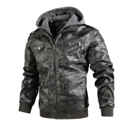 Camouflage Jacke Herren | Stylische Jacke aus synthetischem Leder mit Kapuze und Taschen
