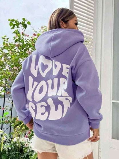 Delarose | Damen Hoodie mit Kordelzug, Kängurutasche & „Love Yourself“ Rückenprint