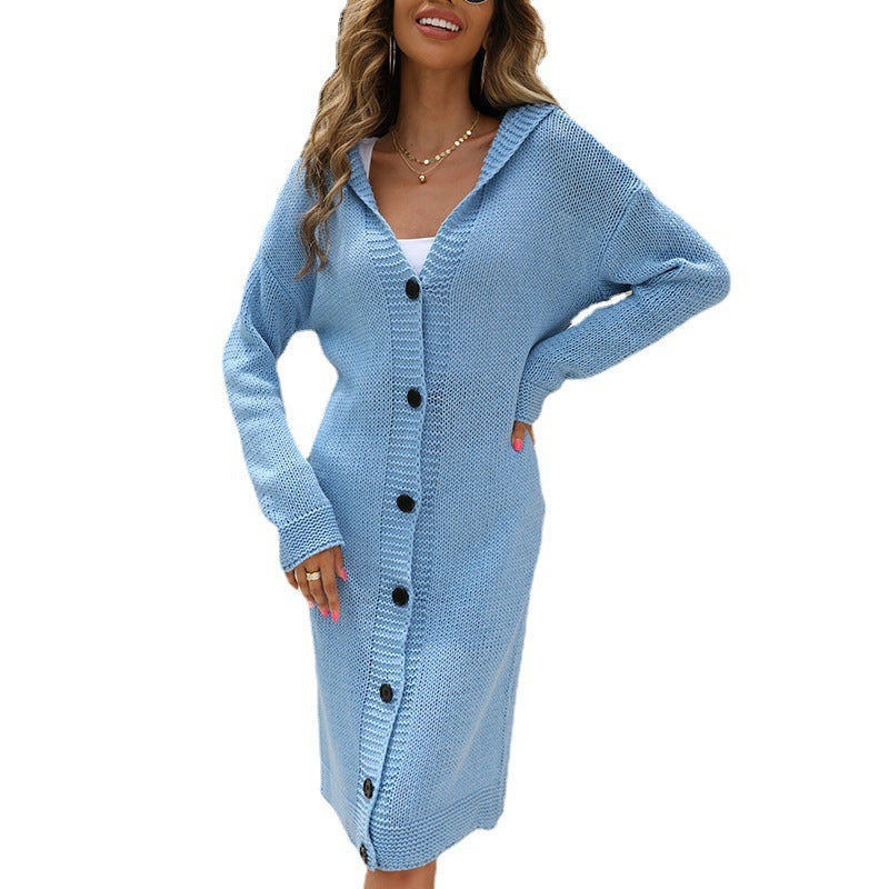 Damen Strickjacke mit Kapuze & Knöpfen | Lange Grobstrickjacke mit Elegantem Design