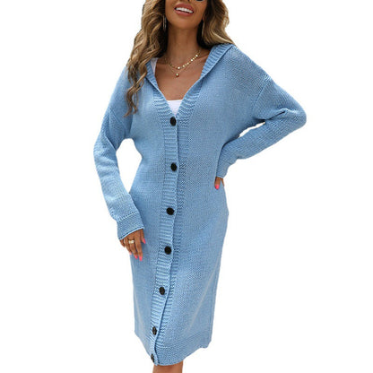 Damen Strickjacke mit Kapuze & Knöpfen | Lange Grobstrickjacke mit Elegantem Design