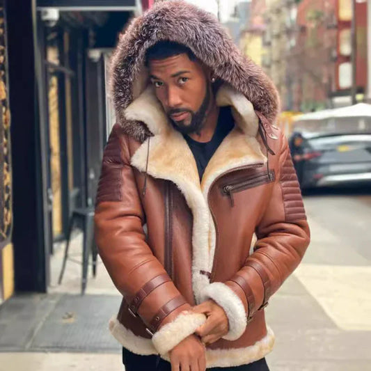 Soren | Herren Winterjacke Relaxed Fit, Lederoptik, Fellgefüttert, Kapuze mit Fell, Steppschultern & Schnallenmanschetten