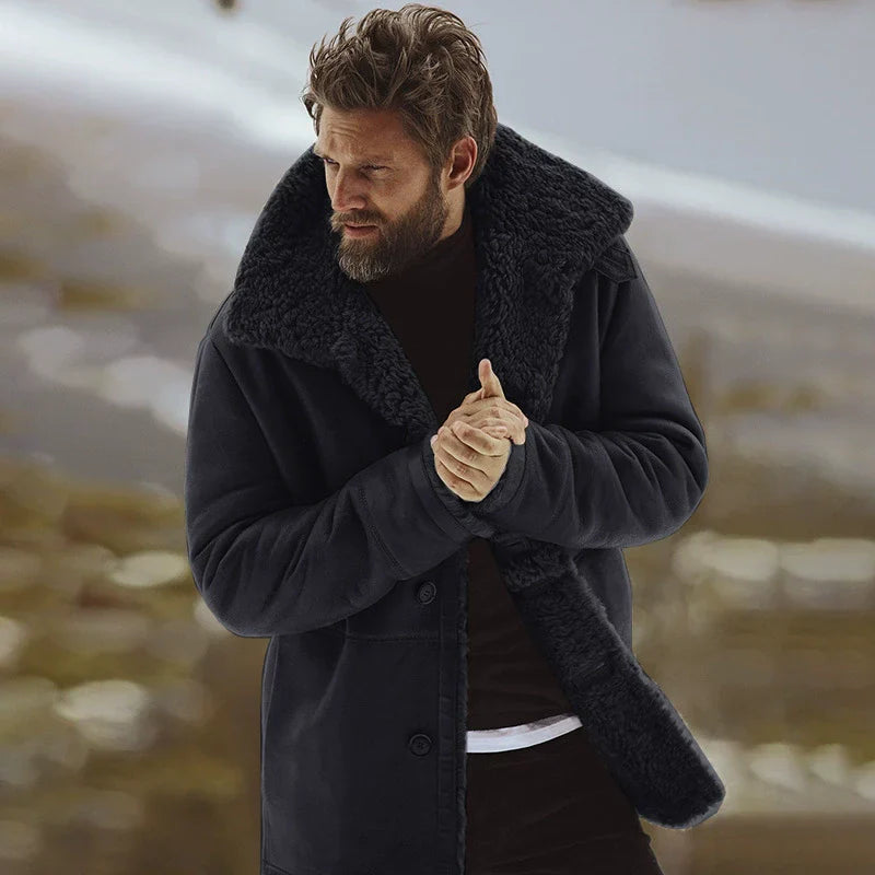 Mathieu | Herren Mantel mit Shearling-Kragen, Fleece gefüttert, Knopfleiste, Relaxed Fit, Mid-Length