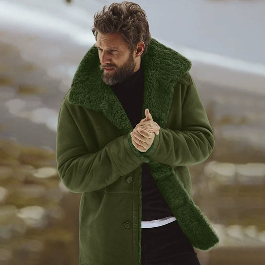 Mathieu | Herren Mantel mit Shearling-Kragen, Fleece gefüttert, Knopfleiste, Relaxed Fit, Mid-Length