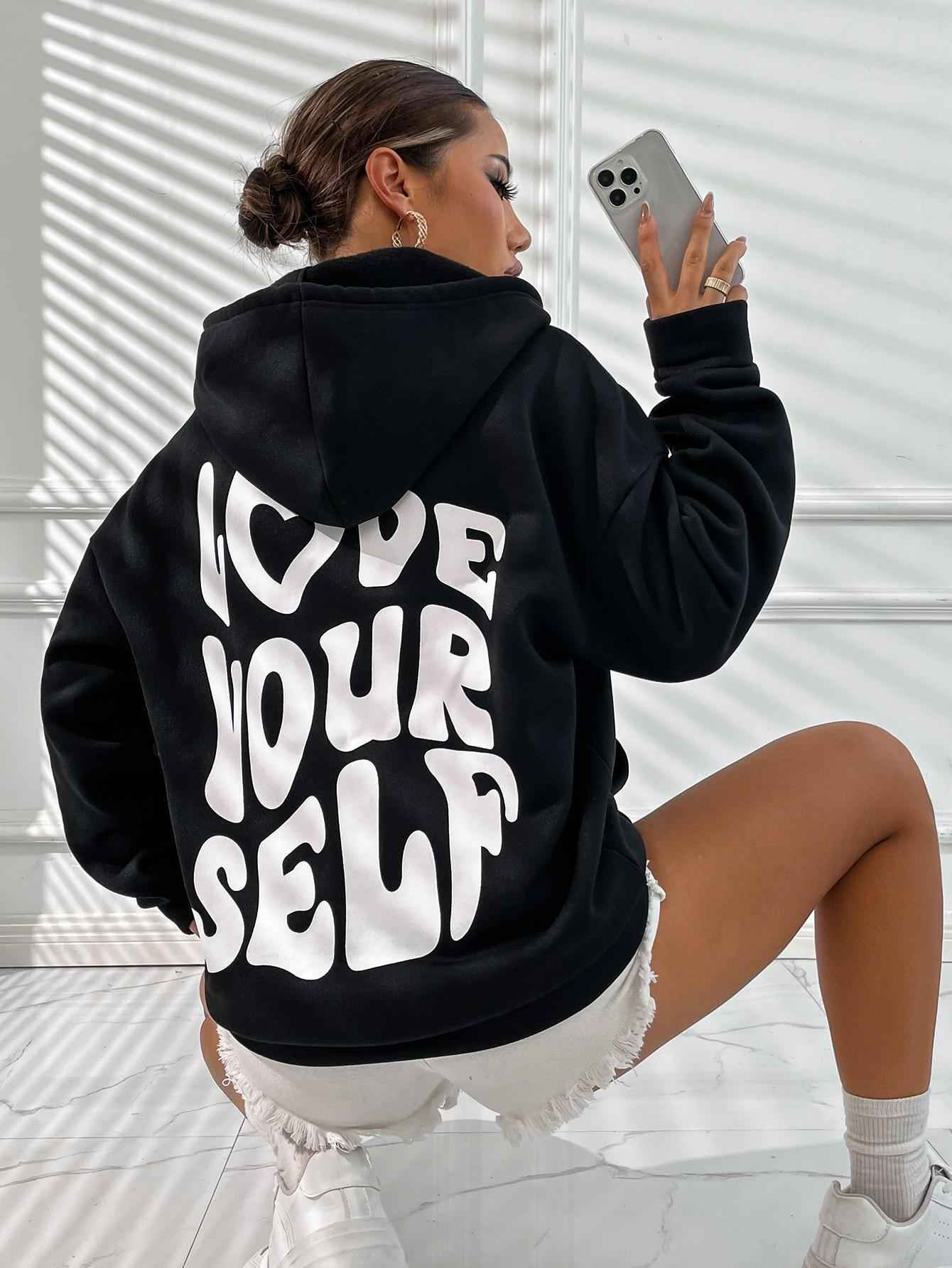 Delarose | Damen Hoodie mit Kordelzug, Kängurutasche & „Love Yourself“ Rückenprint