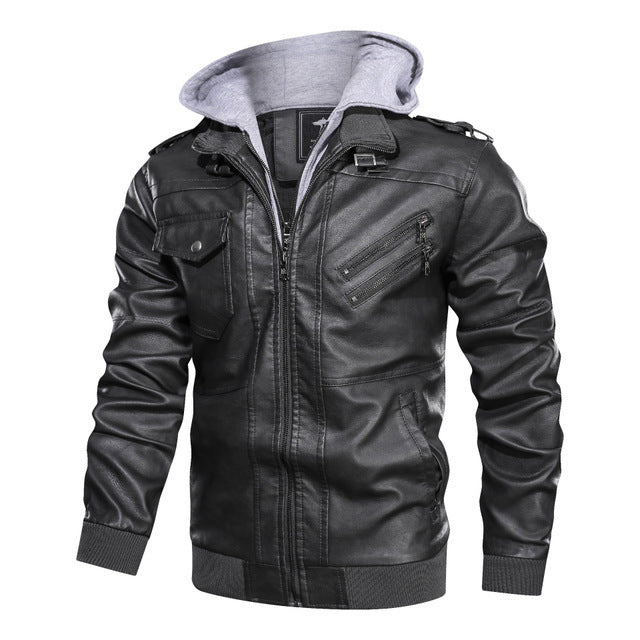 Herren Jacke | Stylische Jacke aus synthetischem Leder mit abnehmbarer Kapuze und Taschen