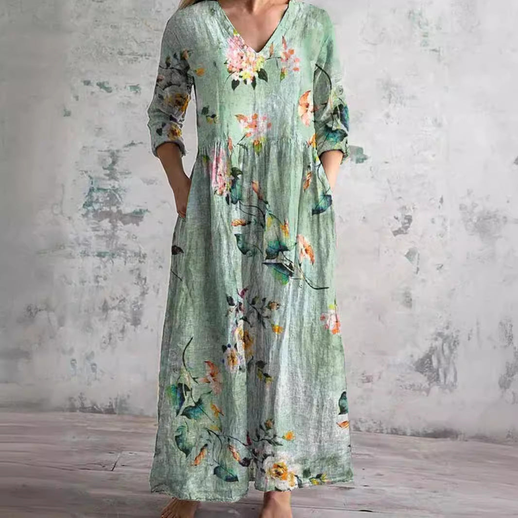 Mirandi | Sommerkleid mit Blumenprint, V-Ausschnitt & langen Ärmeln – Luftiges Maxikleid für Damen