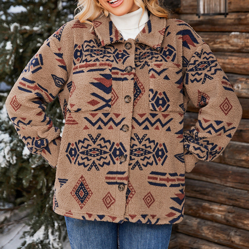 Isolde-Marie | Damen Teddyjacke Oversized mit Reverskragen & geometrischem Muster