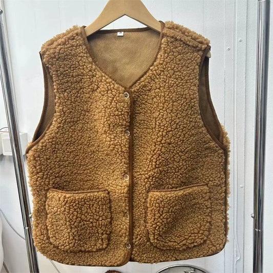 Geneviève | Damen Teddy Weste, Relaxed Fit, V-Ausschnitt, Knopfleiste & Taschen