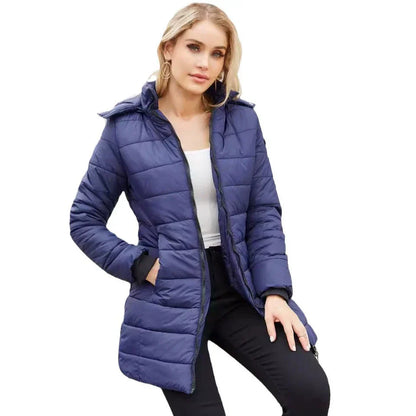 Enora | Damen Pufferjacke, Steppdesign, Mittellang, Abnehmbare Kapuze, Rippbündchen