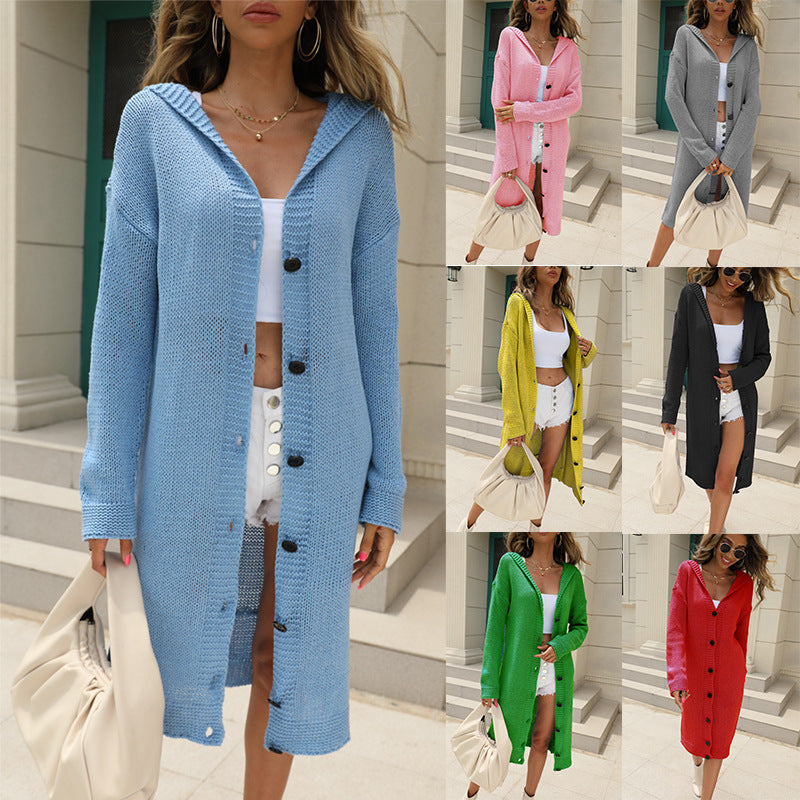 Damen Strickjacke mit Kapuze & Knöpfen | Lange Grobstrickjacke mit Elegantem Design