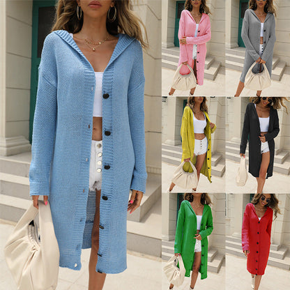 Damen Strickjacke mit Kapuze & Knöpfen | Lange Grobstrickjacke mit Elegantem Design