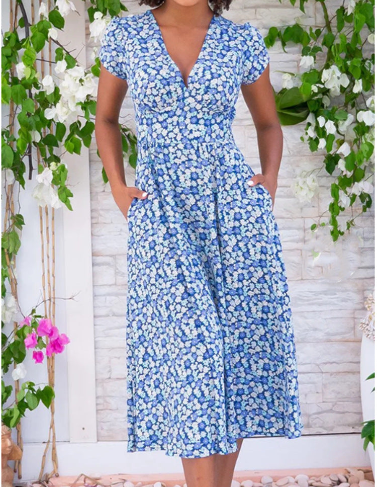 Helga | Geblümtes Boho-Midikleid mit V-Ausschnitt & kurzen Ärmeln für Sommer und Alltag