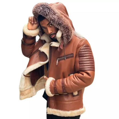 Soren | Herren Winterjacke Relaxed Fit, Lederoptik, Fellgefüttert, Kapuze mit Fell, Steppschultern & Schnallenmanschetten