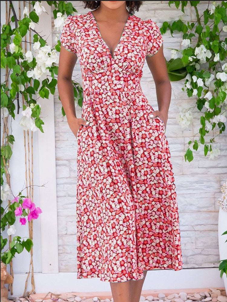 Helga | Geblümtes Boho-Midikleid mit V-Ausschnitt & kurzen Ärmeln für Sommer und Alltag