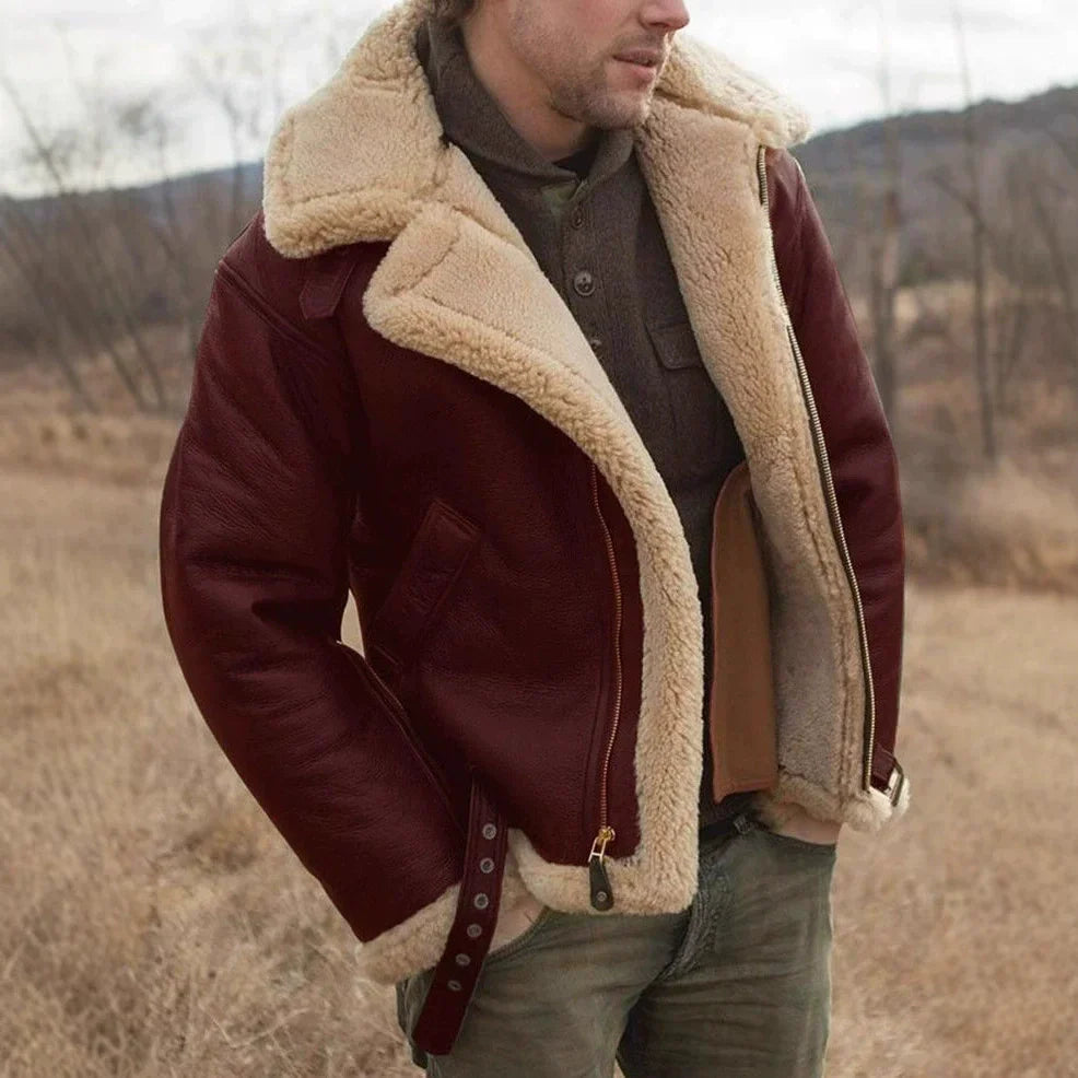 Jeremie | Herren Aviator Jacke im Leder-Look mit Shearling-Kragen, Schnallen & Reißverschluss