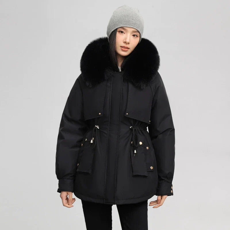 Floreva | Damen Parka Mantel, verstellbare Taille, abnehmbarer Fellkragen, mittellang