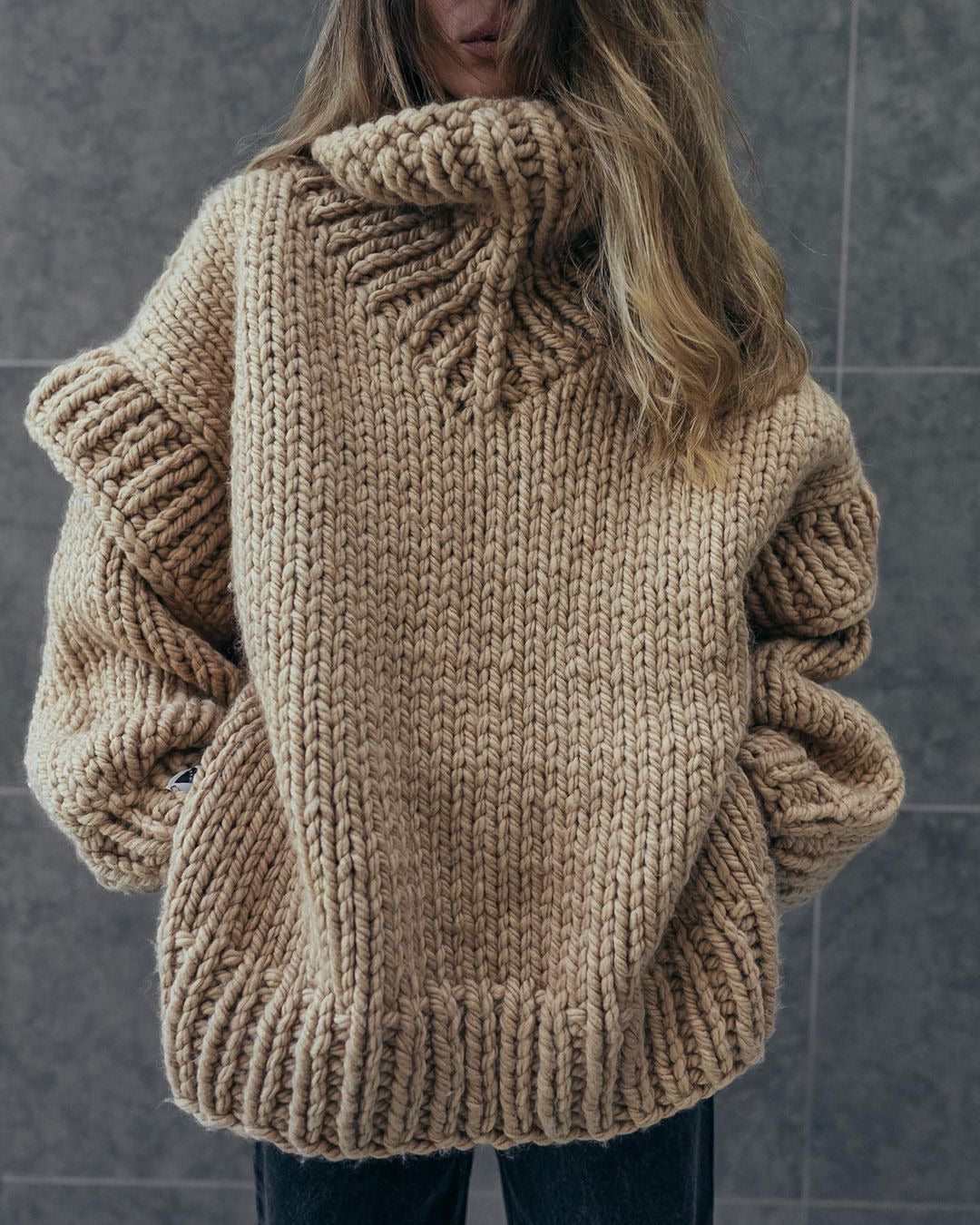 Elyssia | Damen Oversized Strickpullover, grob gestrickt mit Rollkragen & gerippten Ärmeln