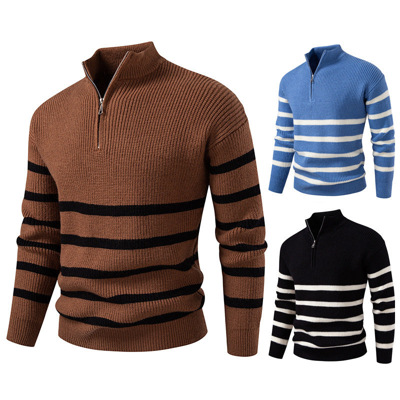 Zipped Collar Herren Pullover | Gestreift & Modern | Komfortabler Strick für Büro & Freizeit