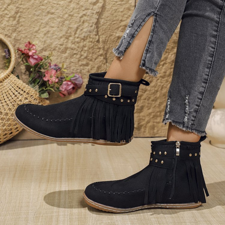 Jessa | Stylische Damen-Stiefeletten mit Fransen, Schnalle & Reißverschluss – Bequeme Cowboy Boots