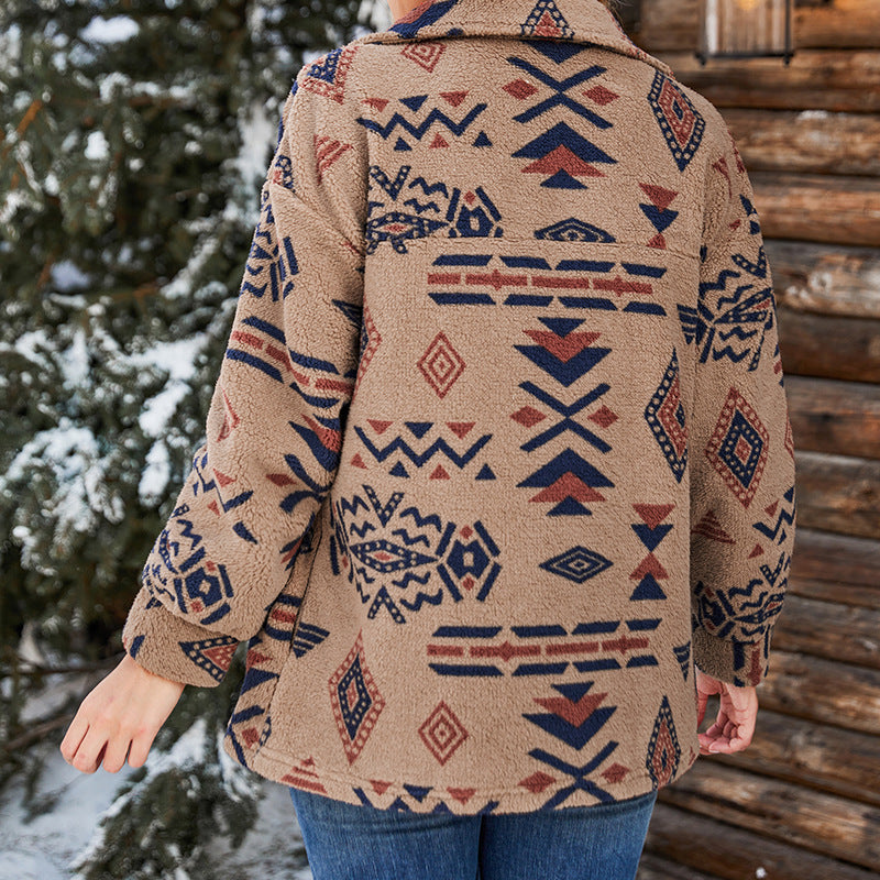 Isolde-Marie | Damen Teddyjacke Oversized mit Reverskragen & geometrischem Muster