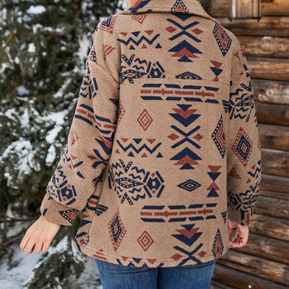 Isolde-Marie | Damen Teddyjacke Oversized mit Reverskragen & geometrischem Muster