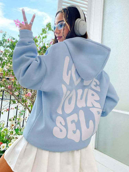 Delarose | Damen Hoodie mit Kordelzug, Kängurutasche & „Love Yourself“ Rückenprint