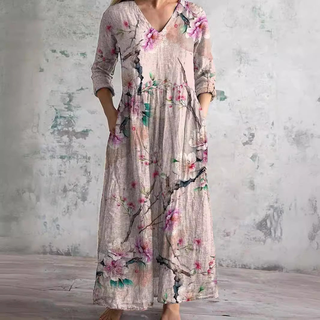 Mirandi | Sommerkleid mit Blumenprint, V-Ausschnitt & langen Ärmeln – Luftiges Maxikleid für Damen