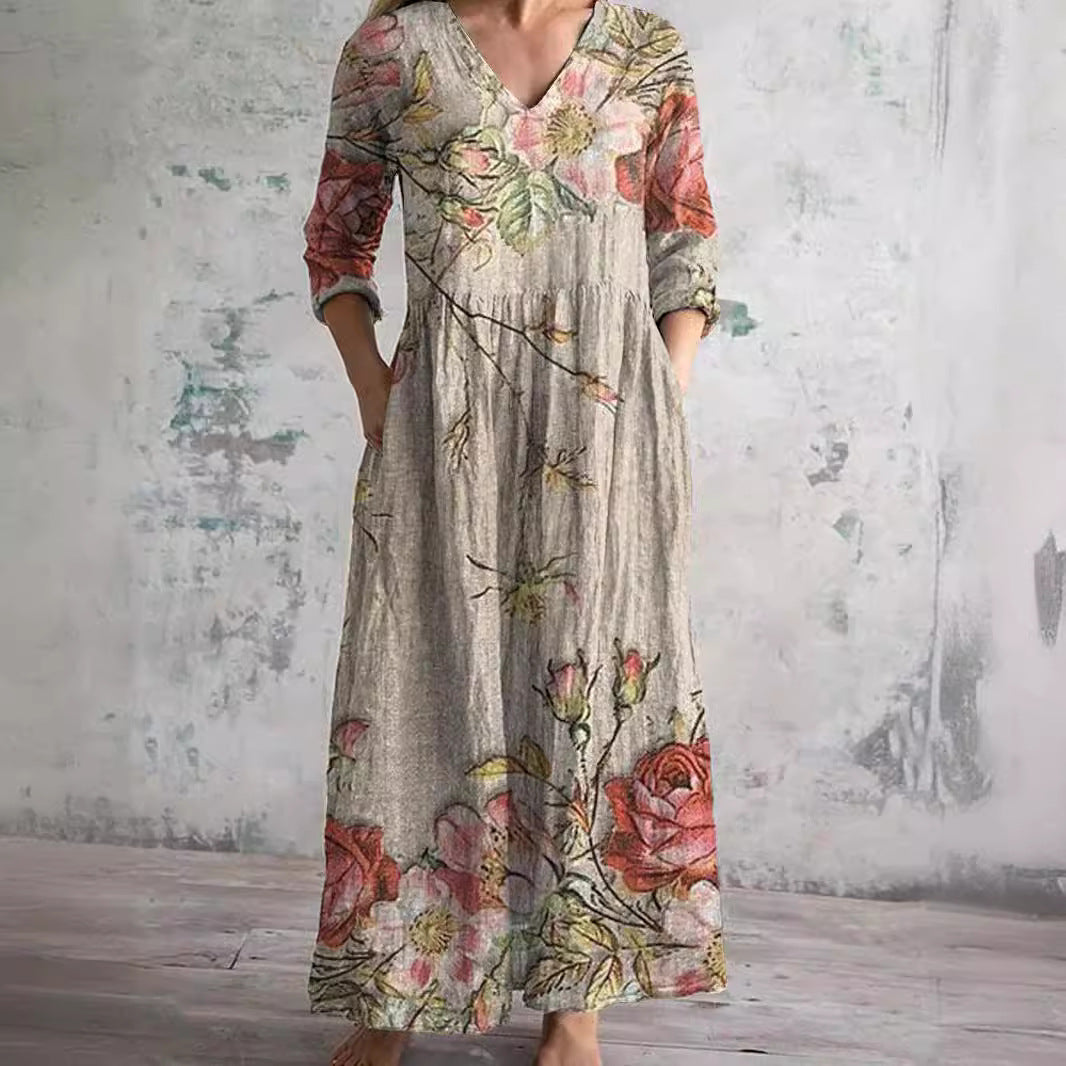 Mirandi | Sommerkleid mit Blumenprint, V-Ausschnitt & langen Ärmeln – Luftiges Maxikleid für Damen