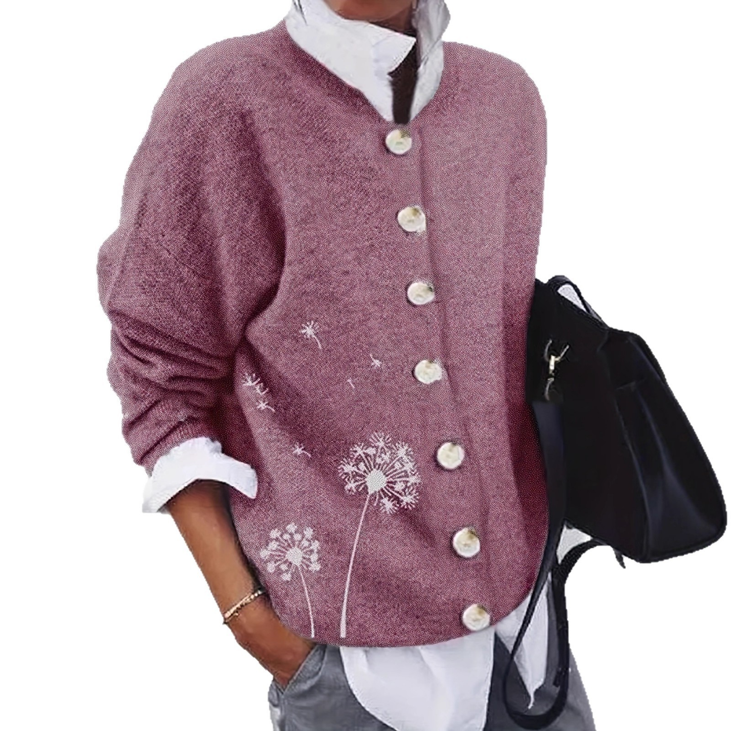 Damen Strickjacke mit Löwenzahn-Muster | Knopfleiste für verspielten Alltagslook