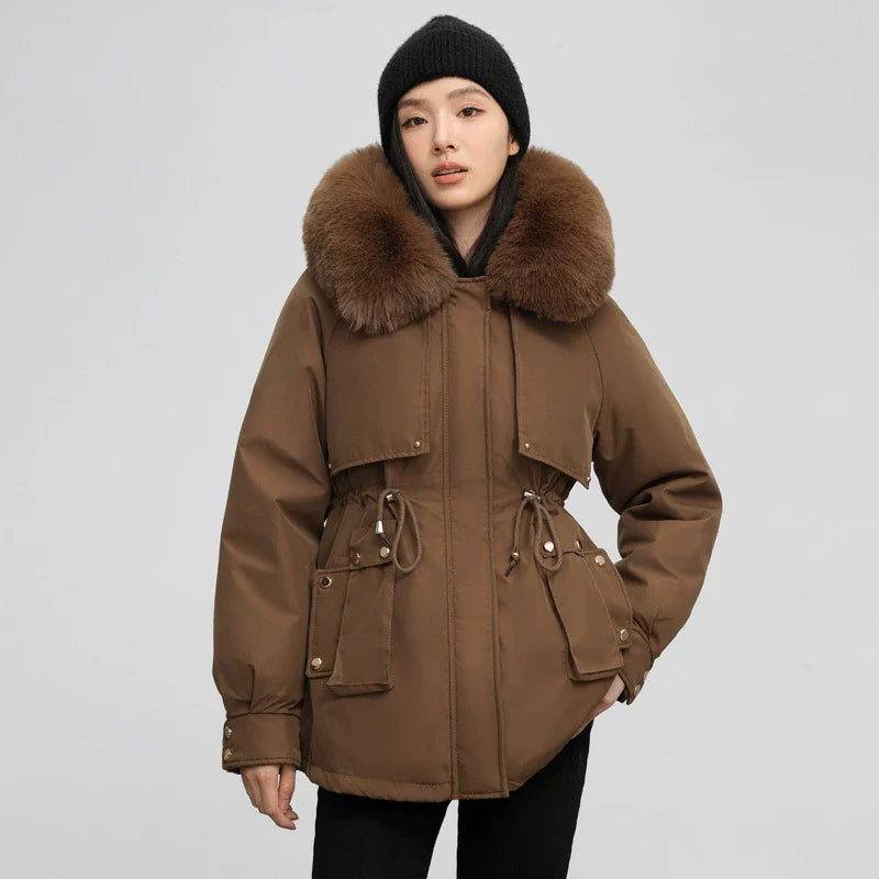 Floreva | Damen Parka Mantel, verstellbare Taille, abnehmbarer Fellkragen, mittellang