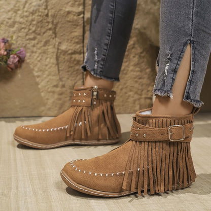 Jessa | Stylische Damen-Stiefeletten mit Fransen, Schnalle & Reißverschluss – Bequeme Cowboy Boots