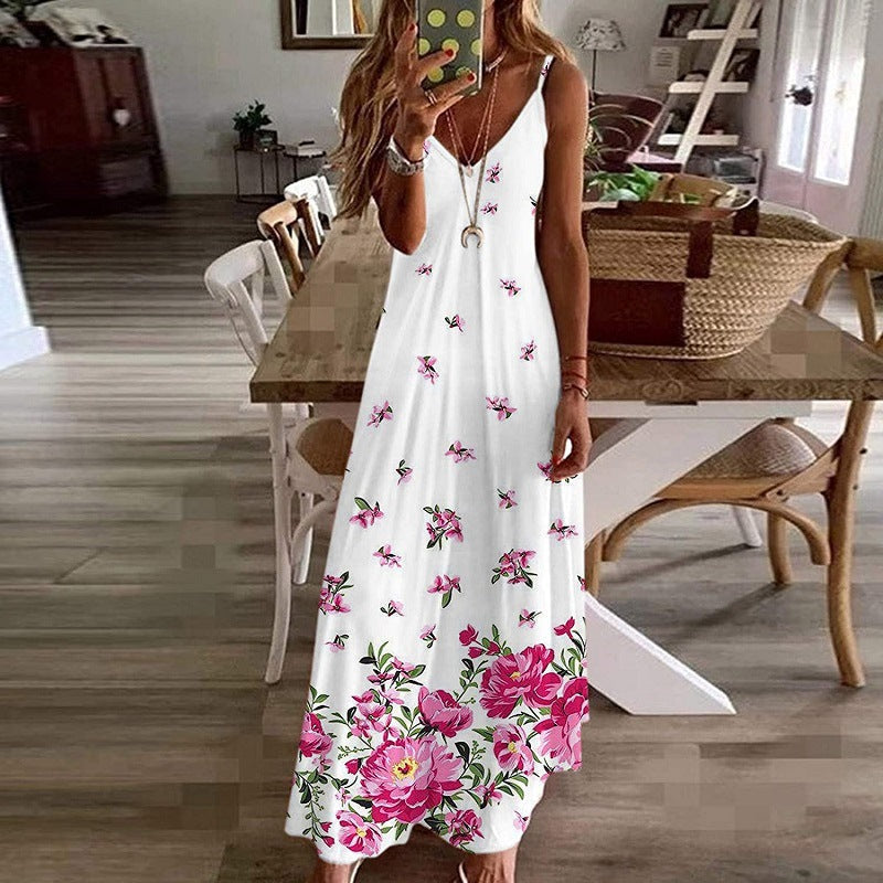 Ovany | Damen Maxikleid mit V-Ausschnitt aus Baumwolle – Blumenprint & Spaghettiträger – Luftiger Sommer-Look