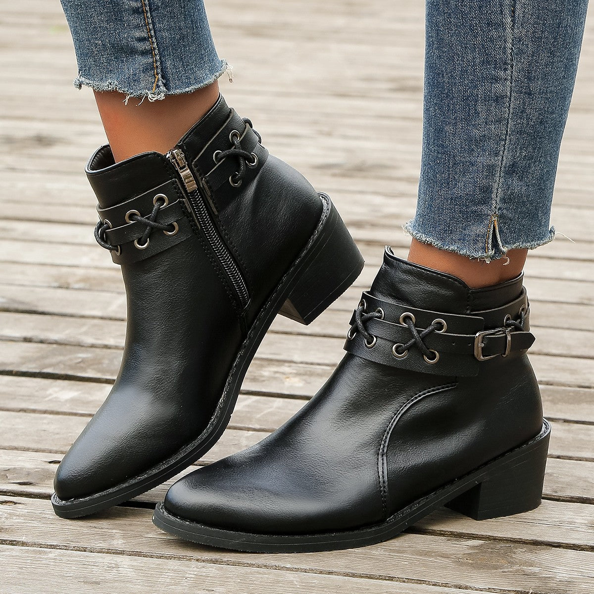 Rianni | Damen Stiefeletten mit Spitzem Zeh, Blockabsatz & Schnallen-Schnür-Design – Elegant & Modern für Herbst & Winter