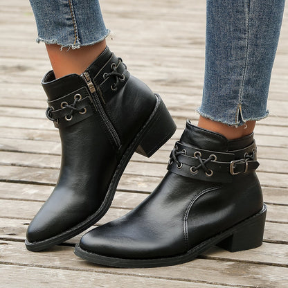 Rianni | Damen Stiefeletten mit Spitzem Zeh, Blockabsatz & Schnallen-Schnür-Design – Elegant & Modern für Herbst & Winter