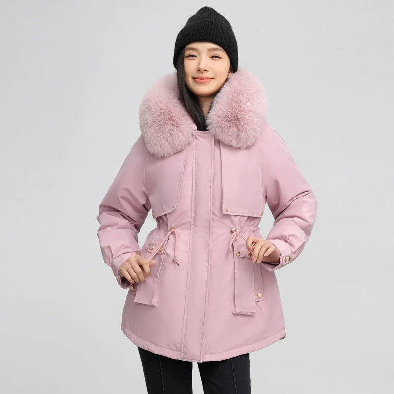 Floreva | Damen Parka Mantel, verstellbare Taille, abnehmbarer Fellkragen, mittellang