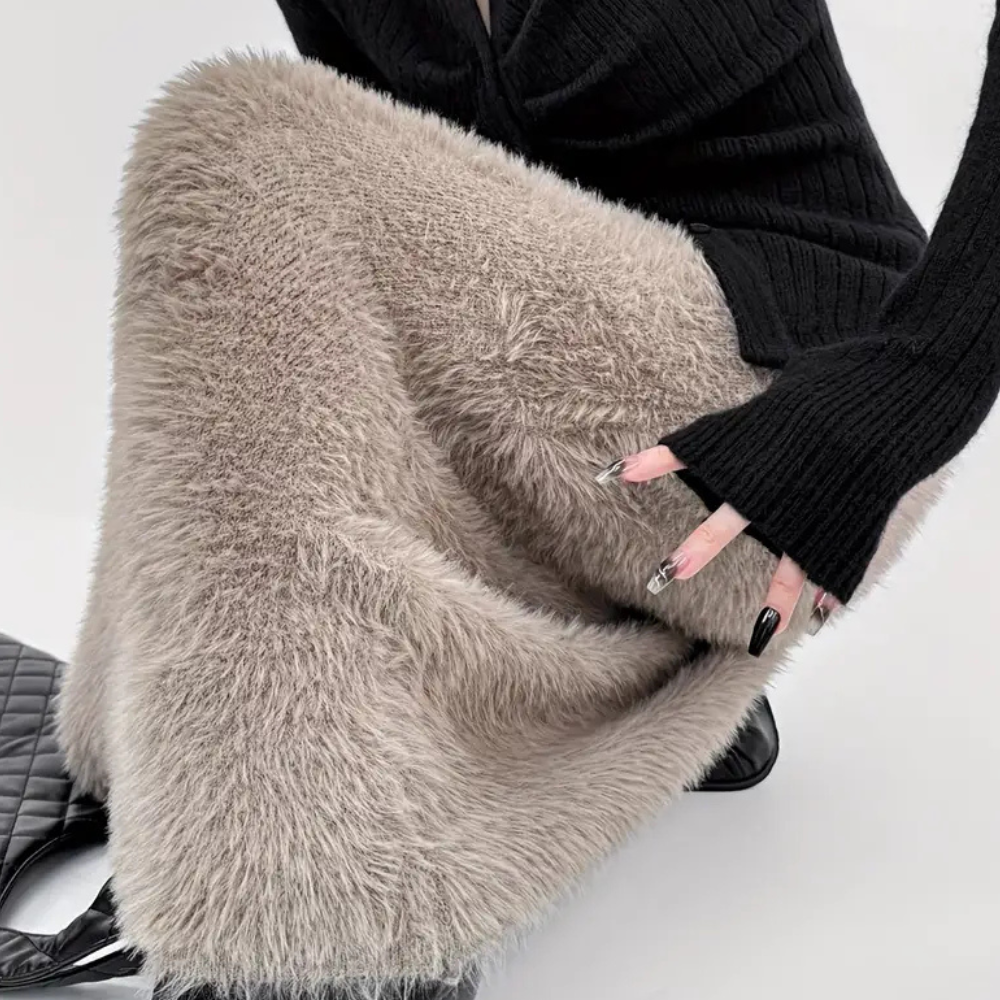 Willoween | Damen Teddy Plüsch Maxirock in Khaki mit Hoher Taille & Weichem Futter