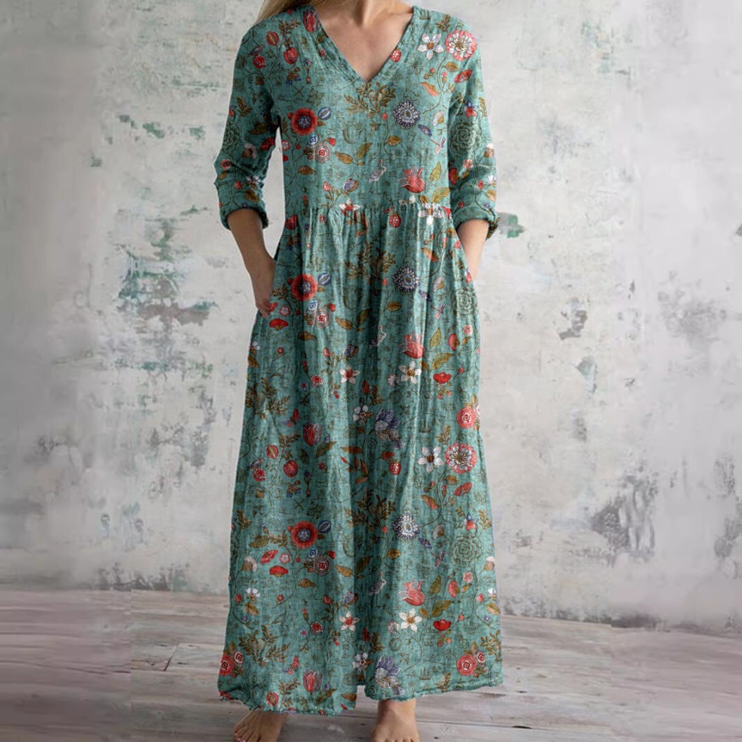Mirandi | Sommerkleid mit Blumenprint, V-Ausschnitt & langen Ärmeln – Luftiges Maxikleid für Damen