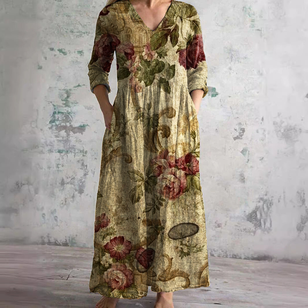Mirandi | Sommerkleid mit Blumenprint, V-Ausschnitt & langen Ärmeln – Luftiges Maxikleid für Damen