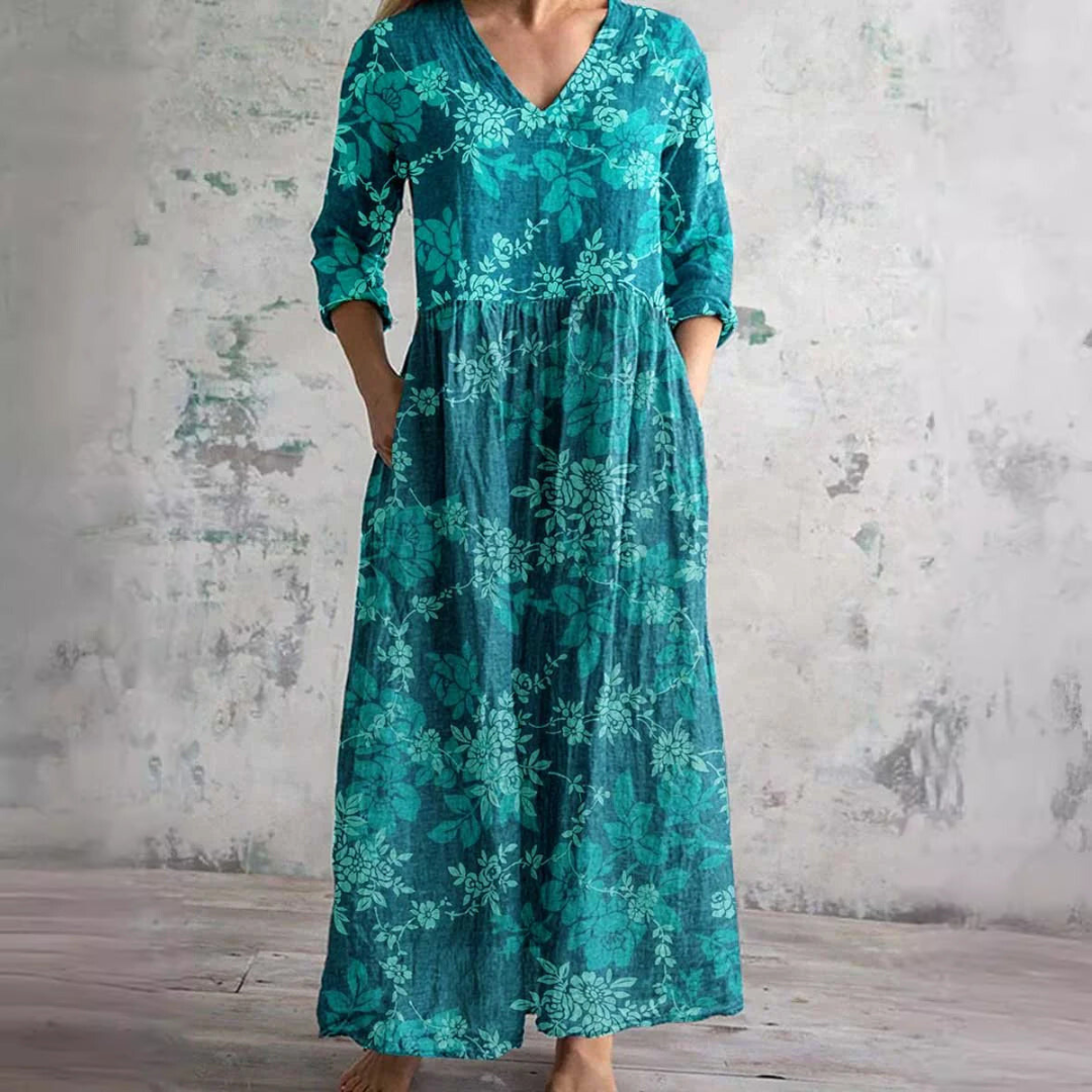 Mirandi | Sommerkleid mit Blumenprint, V-Ausschnitt & langen Ärmeln – Luftiges Maxikleid für Damen