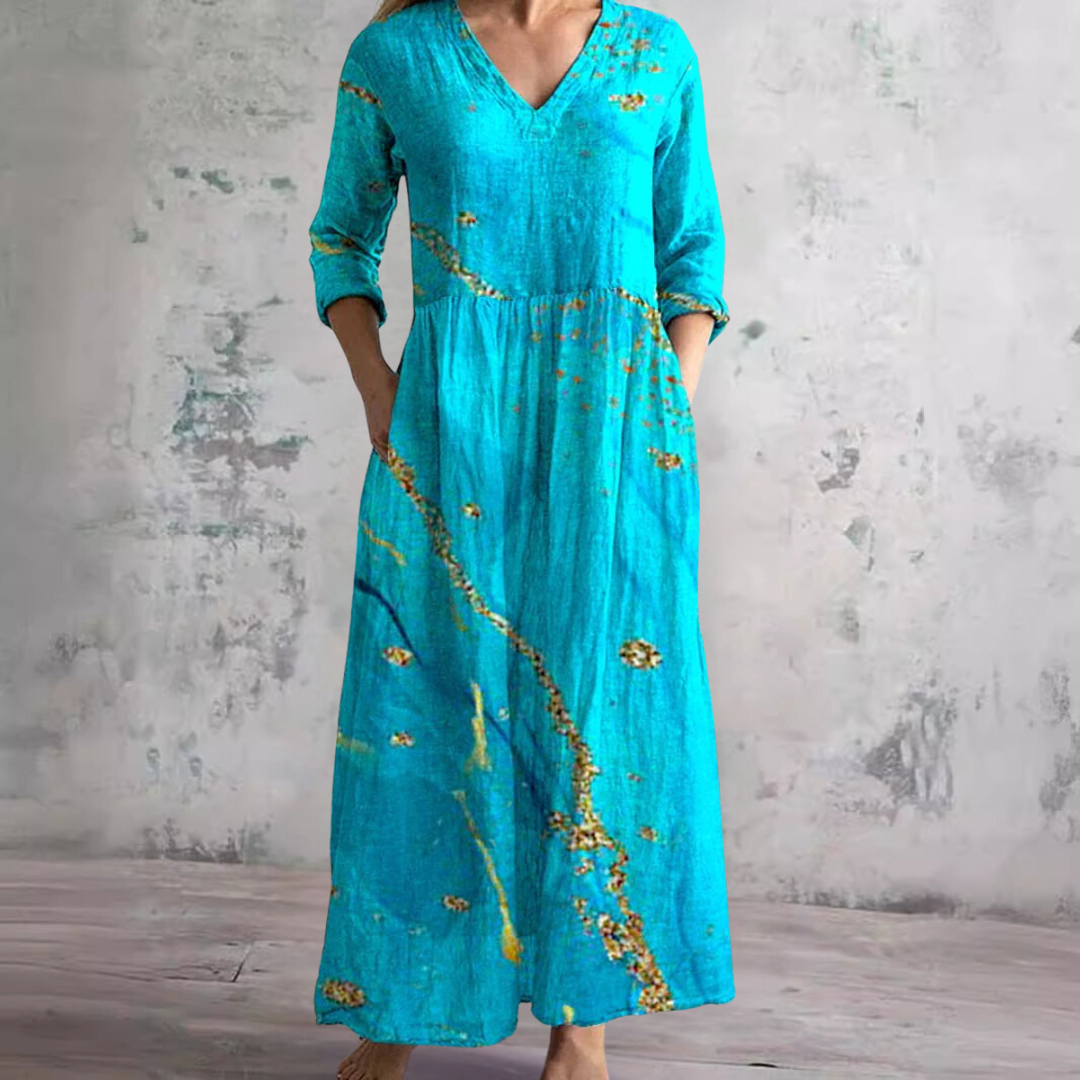 Mirandi | Sommerkleid mit Blumenprint, V-Ausschnitt & langen Ärmeln – Luftiges Maxikleid für Damen