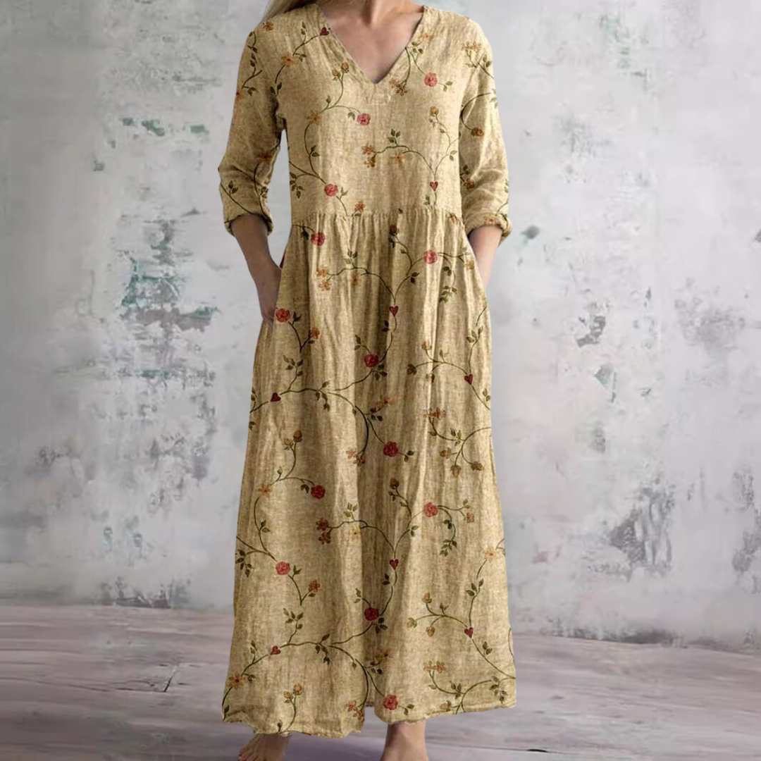 Mirandi | Sommerkleid mit Blumenprint, V-Ausschnitt & langen Ärmeln – Luftiges Maxikleid für Damen