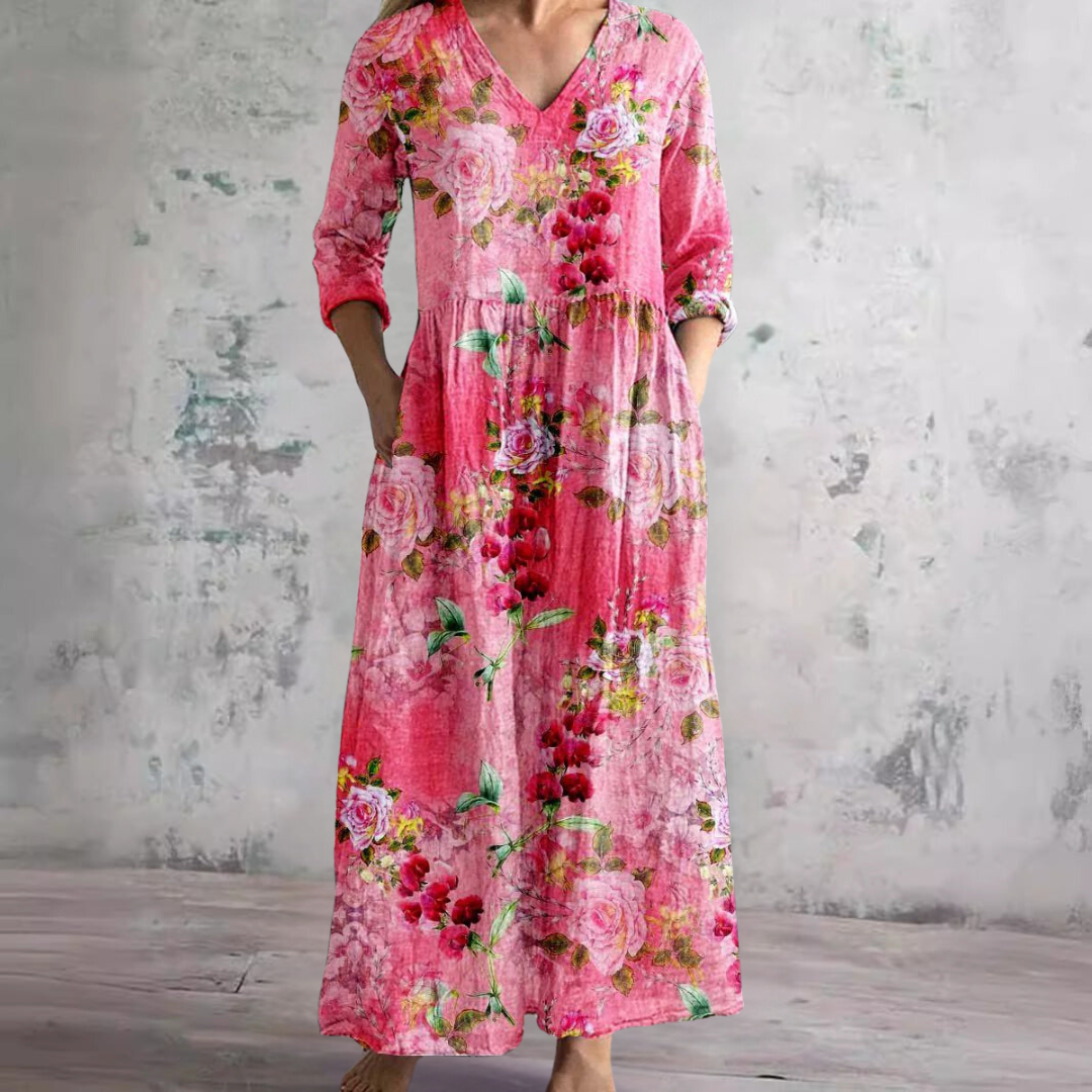Mirandi | Sommerkleid mit Blumenprint, V-Ausschnitt & langen Ärmeln – Luftiges Maxikleid für Damen