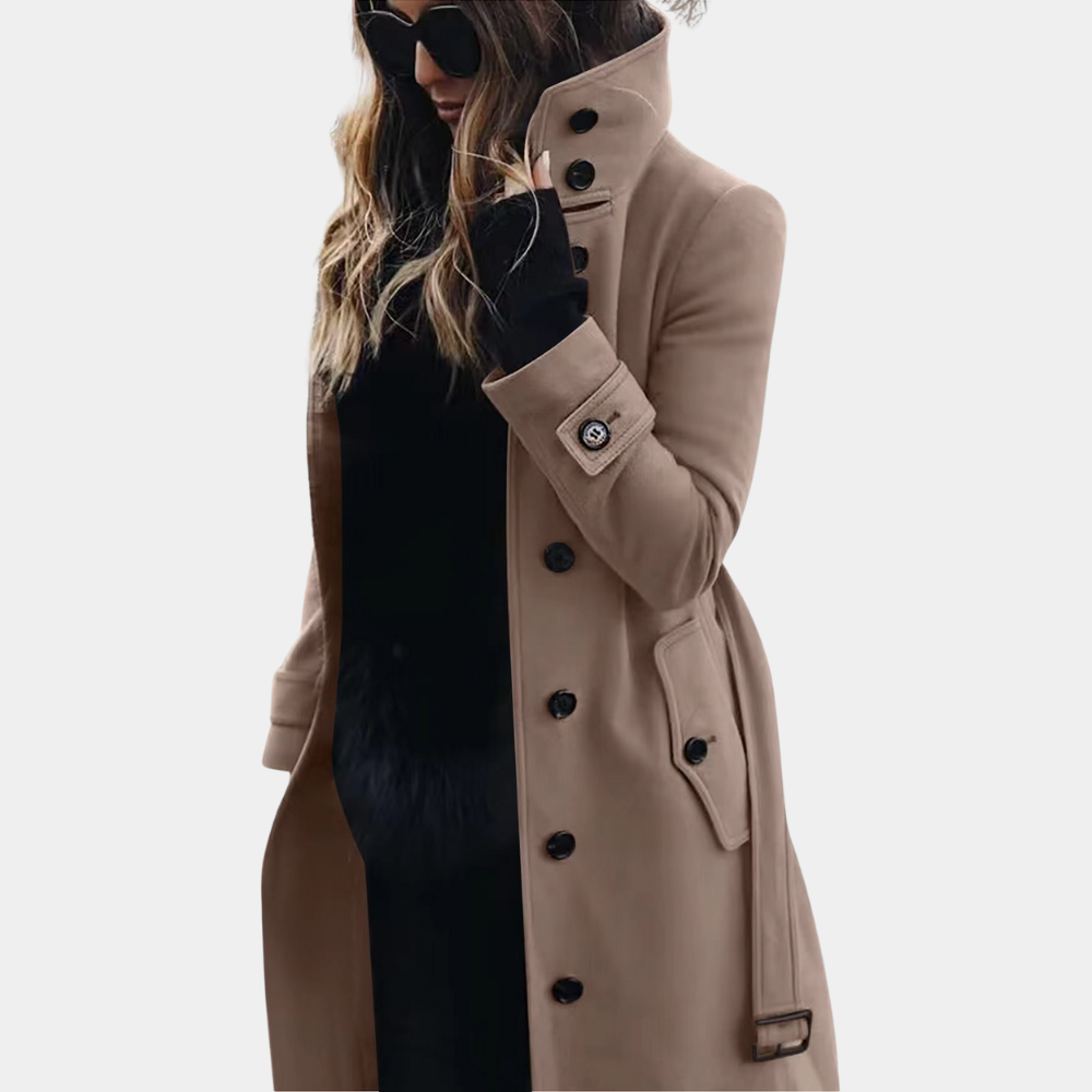 Caprielle | Langer Damen-Trenchcoat mit hohem Kragen, Gürtel und zeitlosem Design
