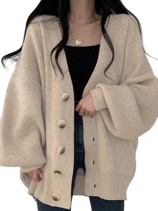Damen Long-Cardigan mit Knöpfen | Lockerer Strickcardigan mit Ballonärmeln für Herbst & Winter