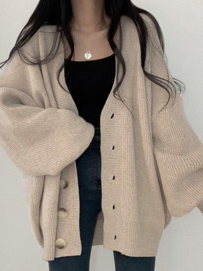 Damen Long-Cardigan mit Knöpfen | Lockerer Strickcardigan mit Ballonärmeln für Herbst & Winter