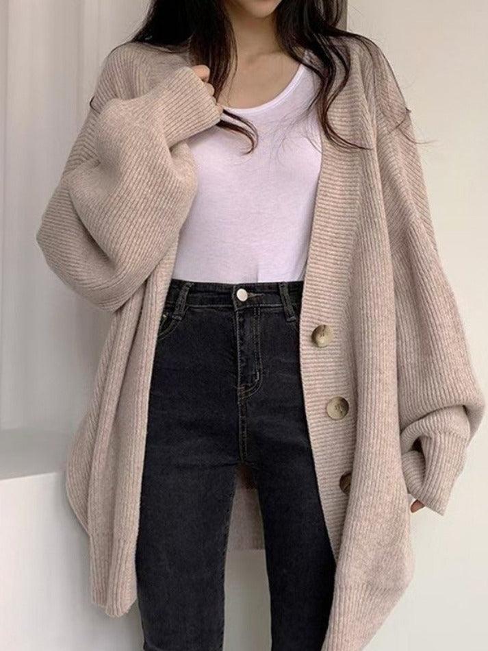 Damen Long-Cardigan mit Knöpfen | Lockerer Strickcardigan mit Ballonärmeln für Herbst & Winter