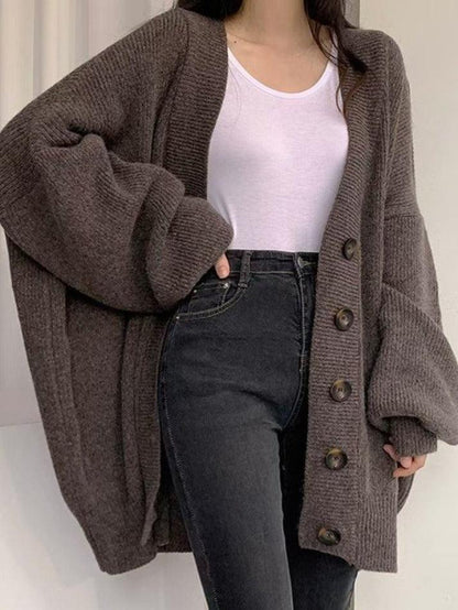 Damen Long-Cardigan mit Knöpfen | Lockerer Strickcardigan mit Ballonärmeln für Herbst & Winter