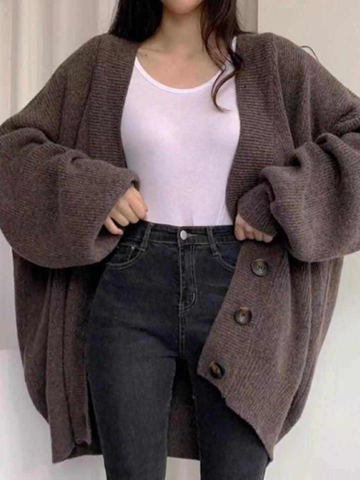 Damen Long-Cardigan mit Knöpfen | Lockerer Strickcardigan mit Ballonärmeln für Herbst & Winter
